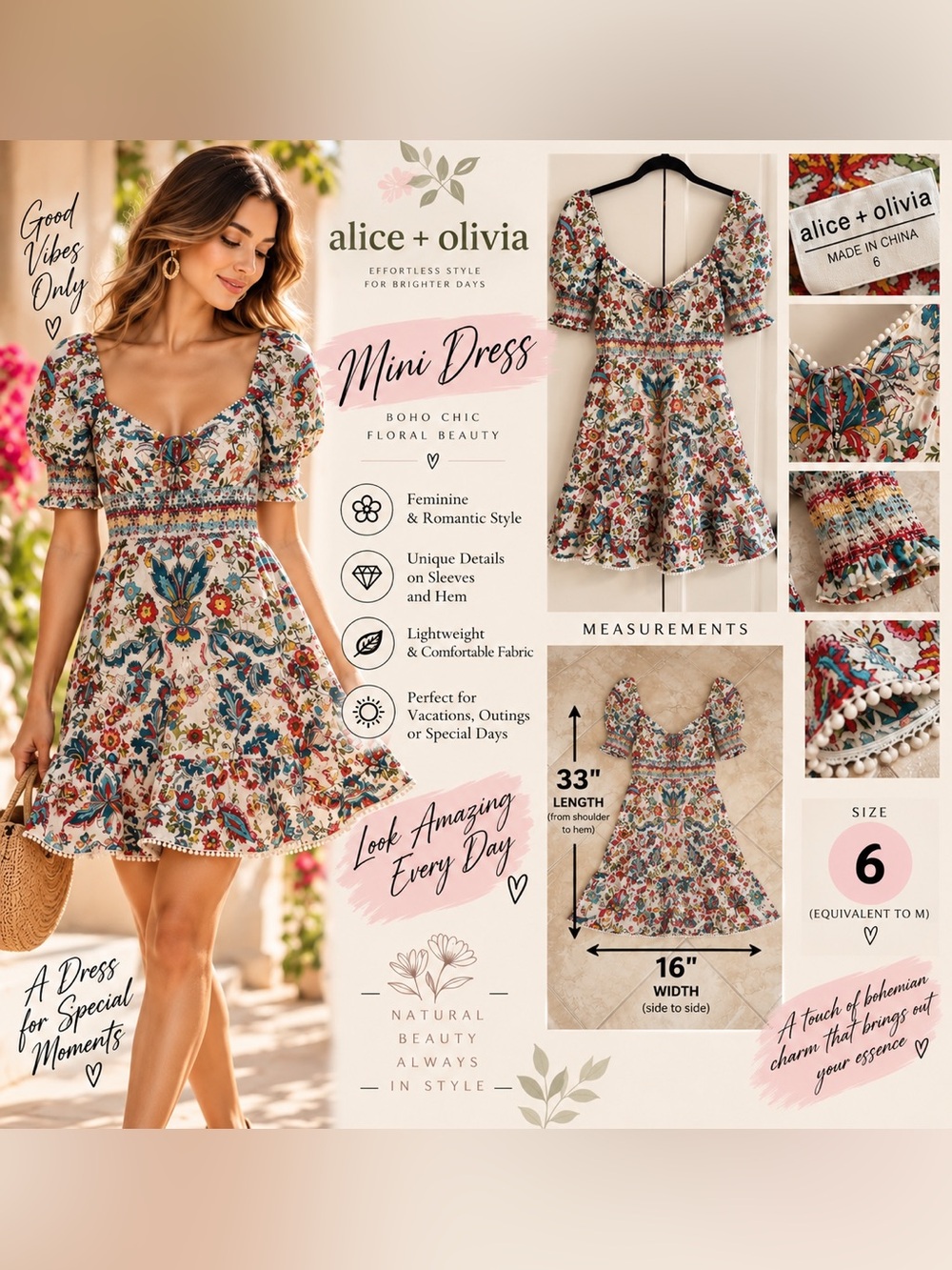 alice + olivia Floral Eyelet Puff Sleeve Mini Dress Sweetheart Size 6